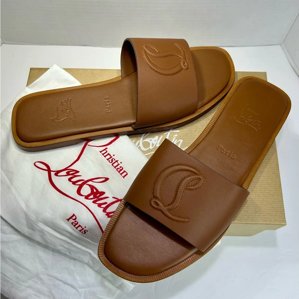 CHRISTIAN LOUBOUTIN CL MULE FLAT SANDAL EMBROIDERED LOGO BROWN LEATHER SZ 39 NEW - Picture 10 of 15